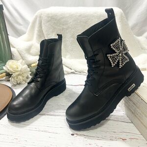 cult leather cross lace up combat boots